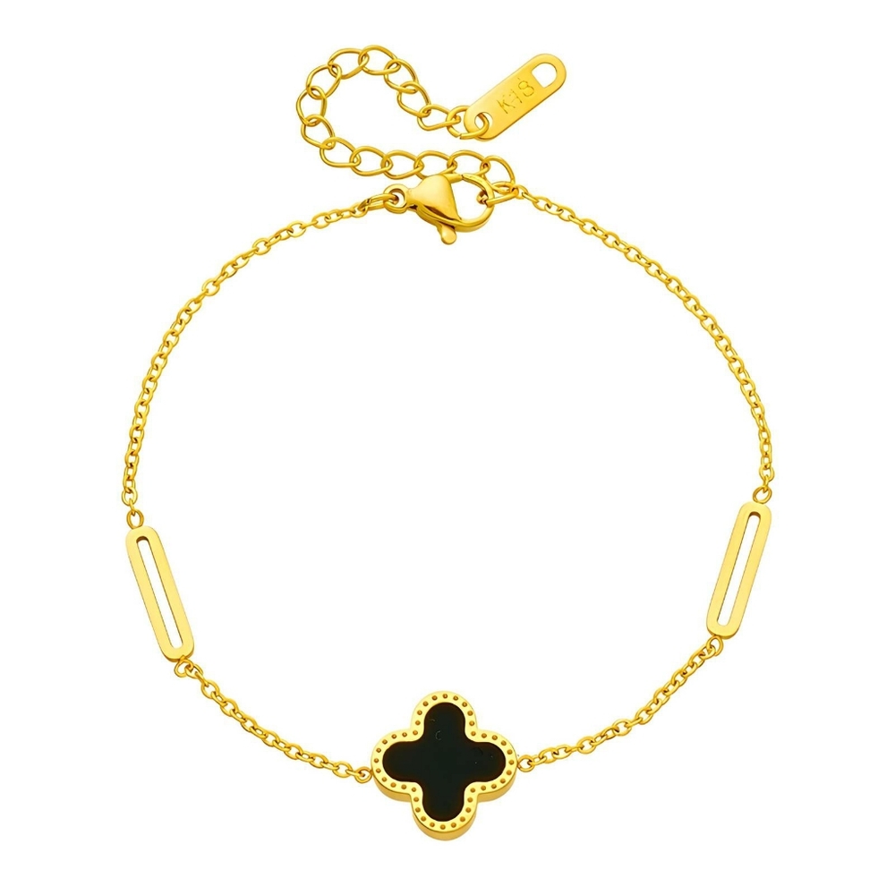 Brand New 18K Gold Black Cubic Zirconia Four Leaf Clover Bracelet
